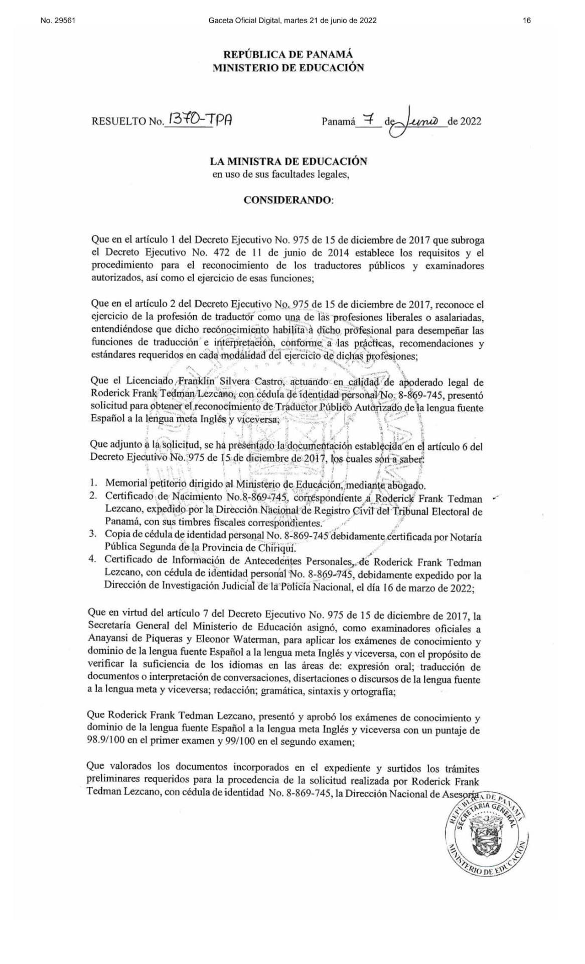 Página 16 de la Gaceta Oficial N.º 29561 del 21 de junio de 2022, inicio del Resuelto N.º 1370-TPA.