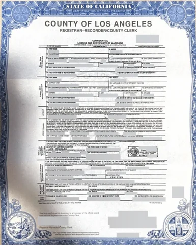 Certificado de matrimonio de California anonimizado, página 1.