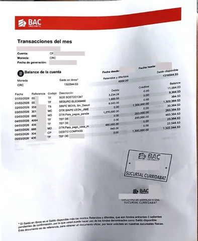 Documento original anonimizado de estado de cuenta bancario de Costa Rica, página 1.