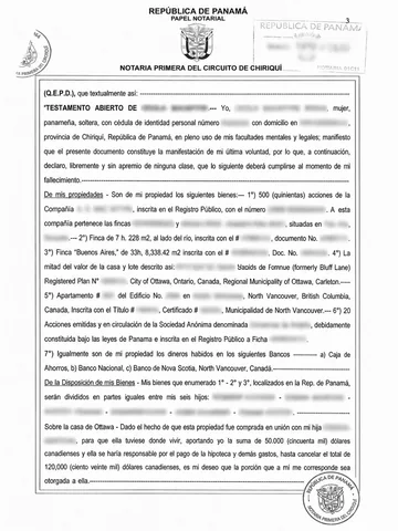 Extracto de testamento panameño anonimizado, página 1.