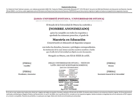Traducción al español de diploma de la Universidad de Ottawa, página 1.